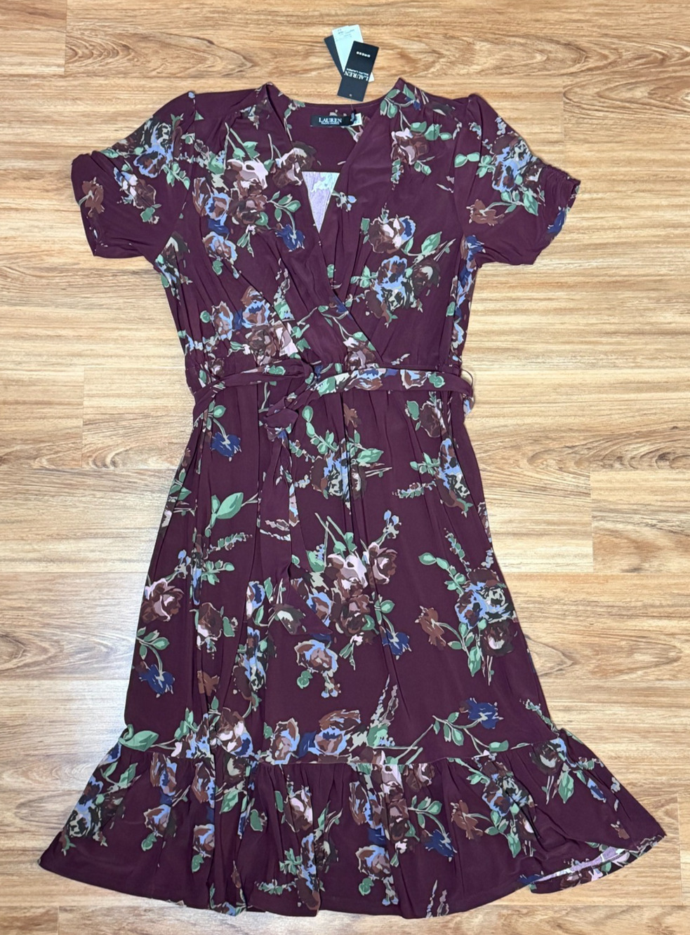 Lauren Ralph Lauren Women's Burgundy Floral Jersey Surplice Dress - Size 16